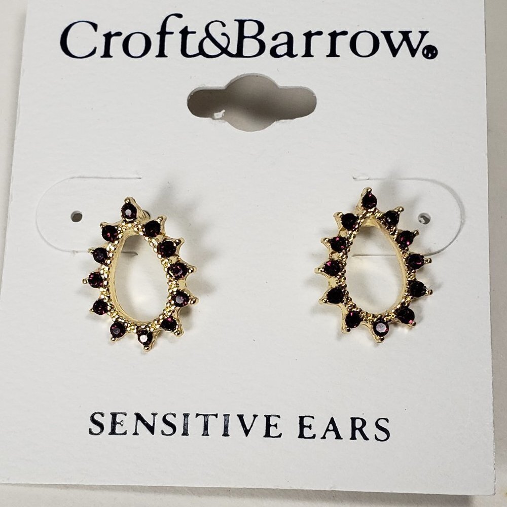 CROFT & BARROW, Women' Polished Gold-tone Hoop Dark Pink Crystals Stud Earrings